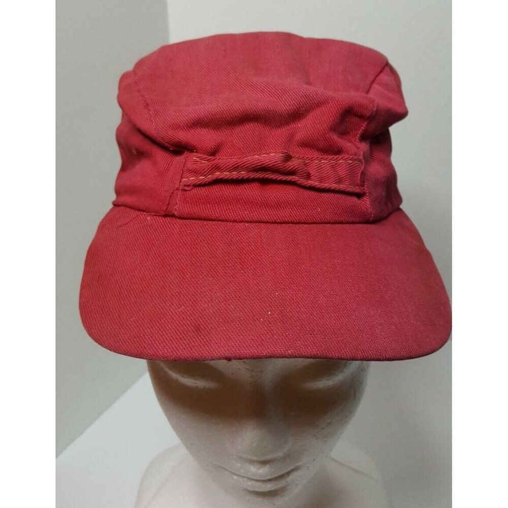 Vintage Red Canvas Ear Flap Hat Fitted Yellow Interior Elmer Cap Small Size